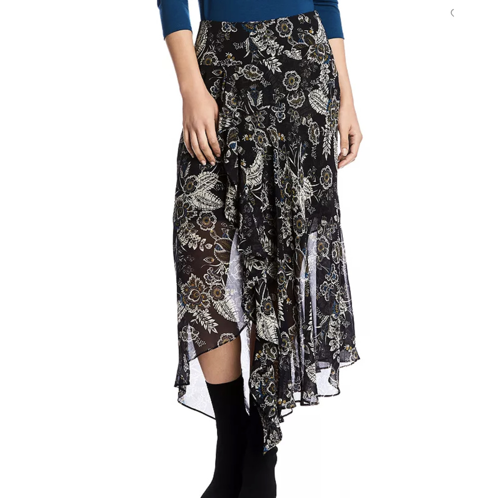 Bailey 44 Josephine Black Floral Print Asymmetric Hem Midi Skirt Size M Boho